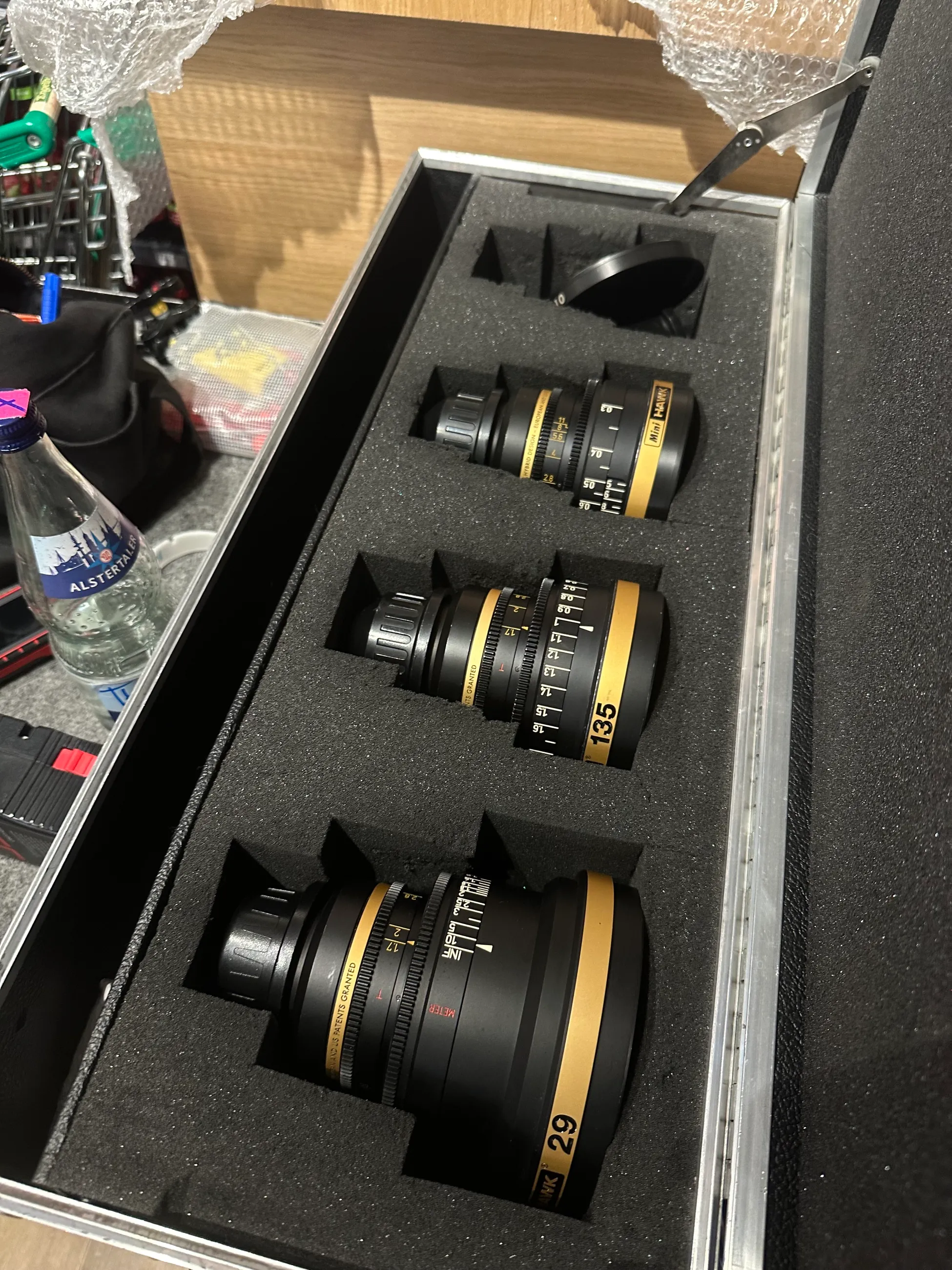 Cine prime lenses in a transport case