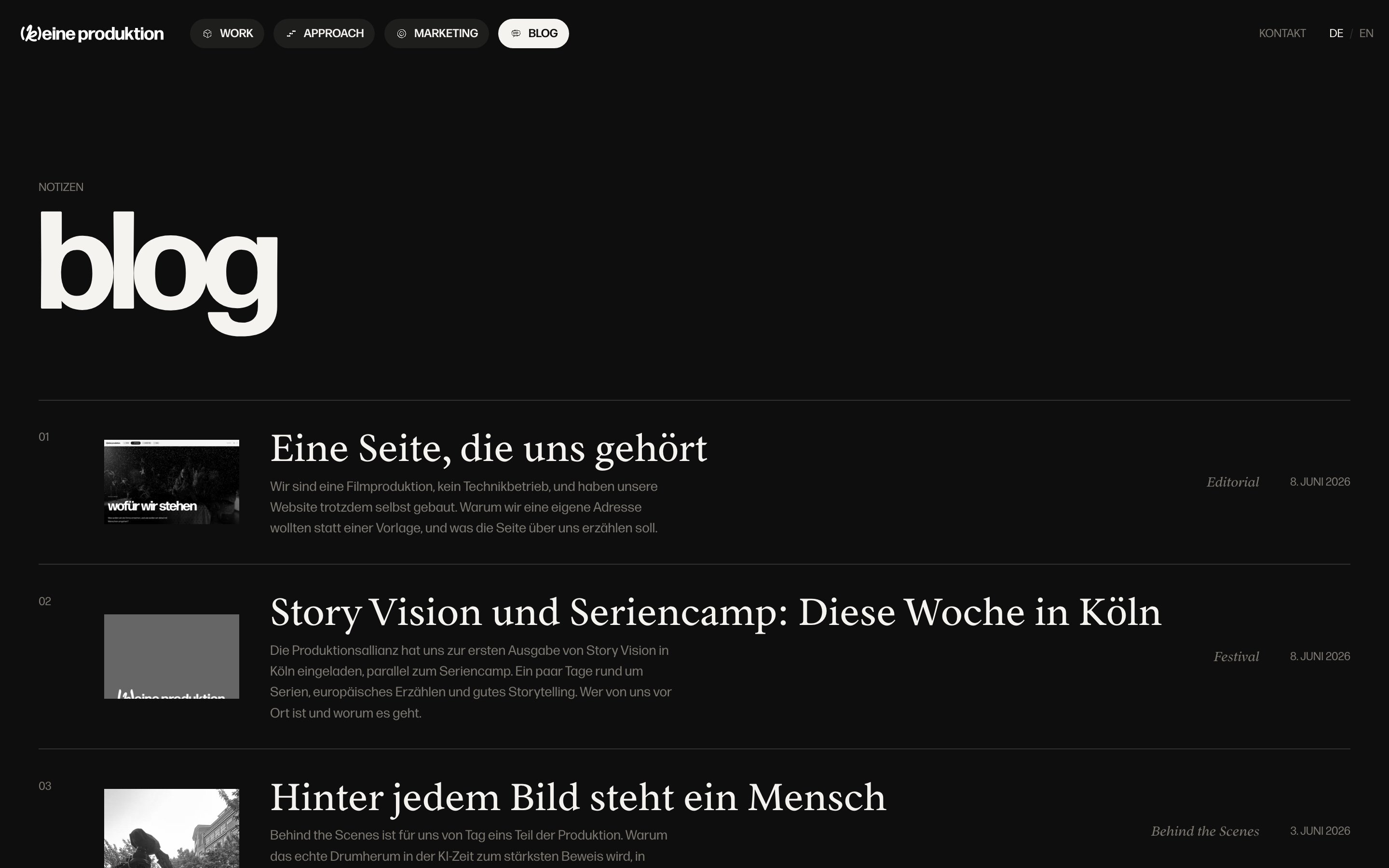 Screenshot of the blog overview of [k]eine produktion in dark mode