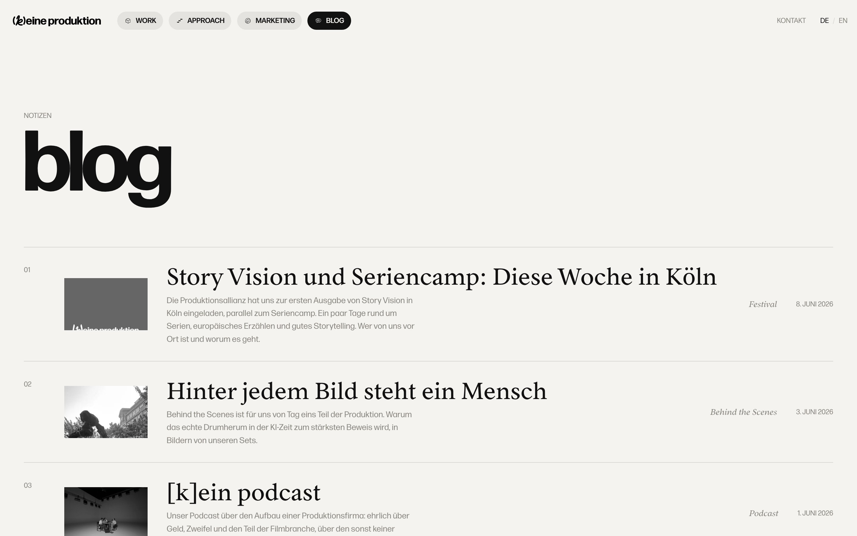 Screenshot of the blog overview of [k]eine produktion