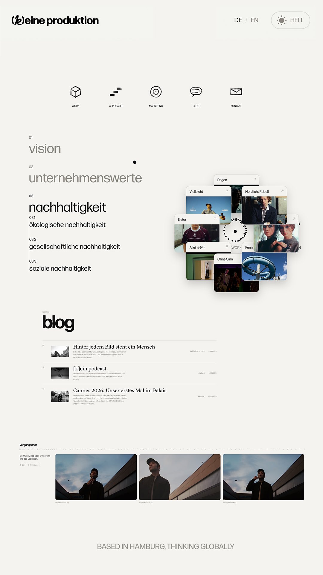 Screenshot of the full home page of [k]eine produktion in light mode, top to bottom