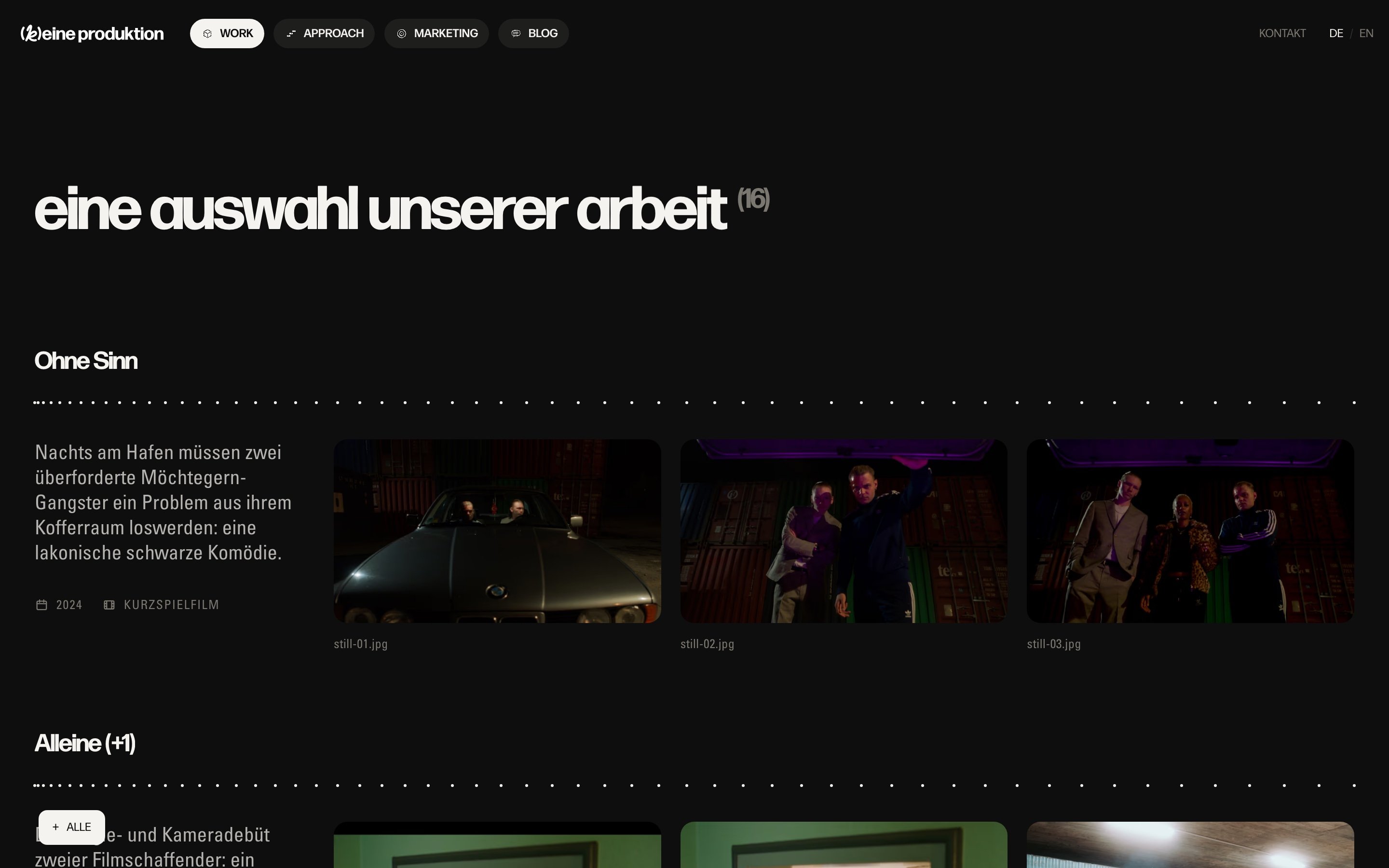 Screenshot of the work page of [k]eine produktion in dark mode
